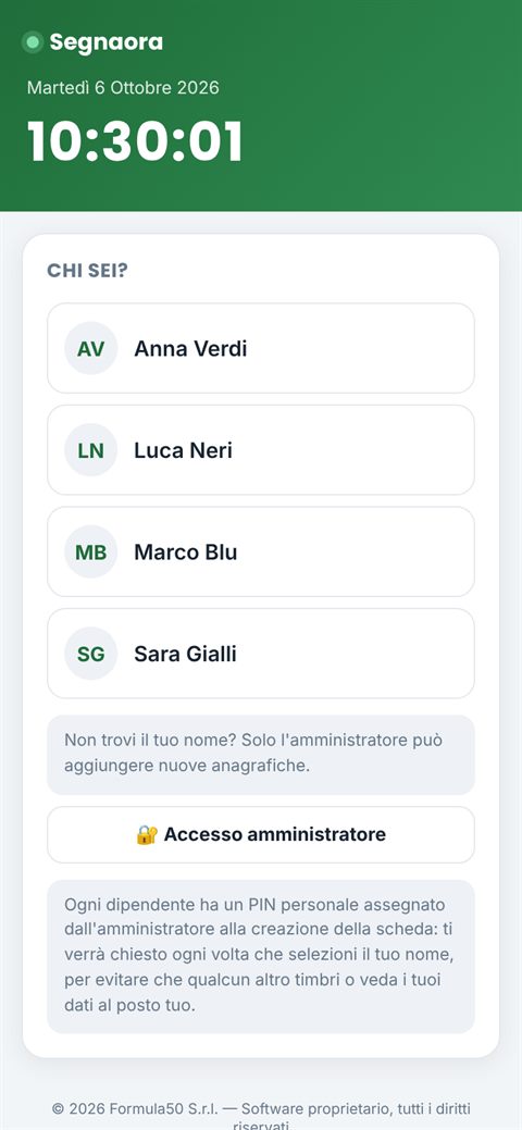 Segnaora: la schermata Chi sei? con l'elenco dei dipendenti