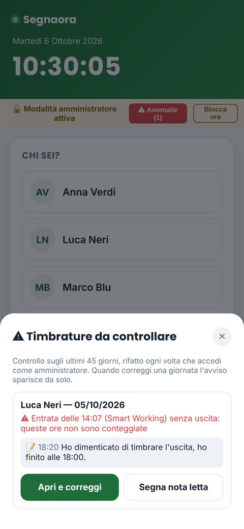 Segnaora: elenco delle giornate da controllare, con il pulsante Apri e correggi