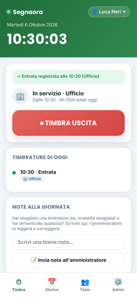 Segnaora: conferma dell'entrata registrata alle 10:30 in Ufficio